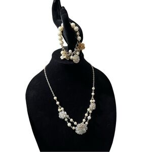 Set of 2 Silver Tone Faux Pearl & Flower Charms Necklace 18-23” & 8.5” Bracelet